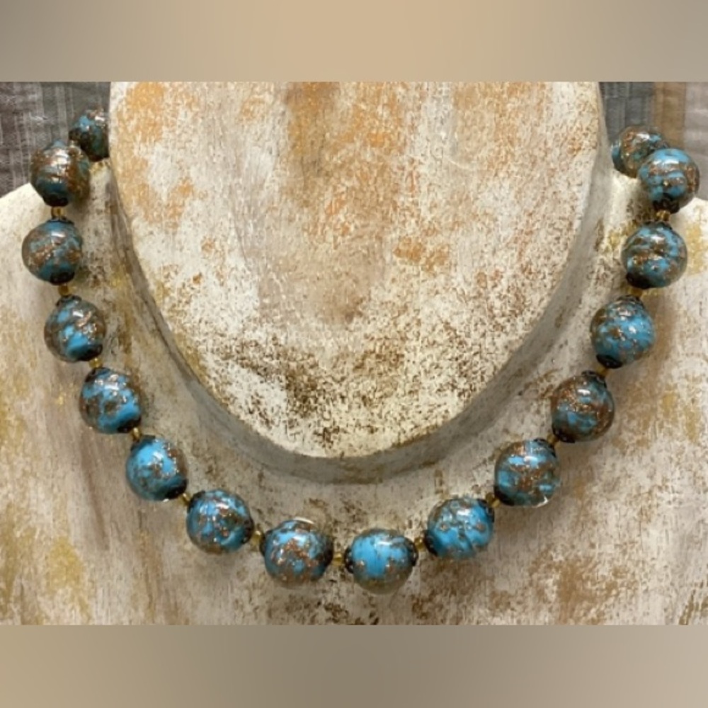 Vintage turquoise Murano glass bead necklace gold foil inclusions handmade